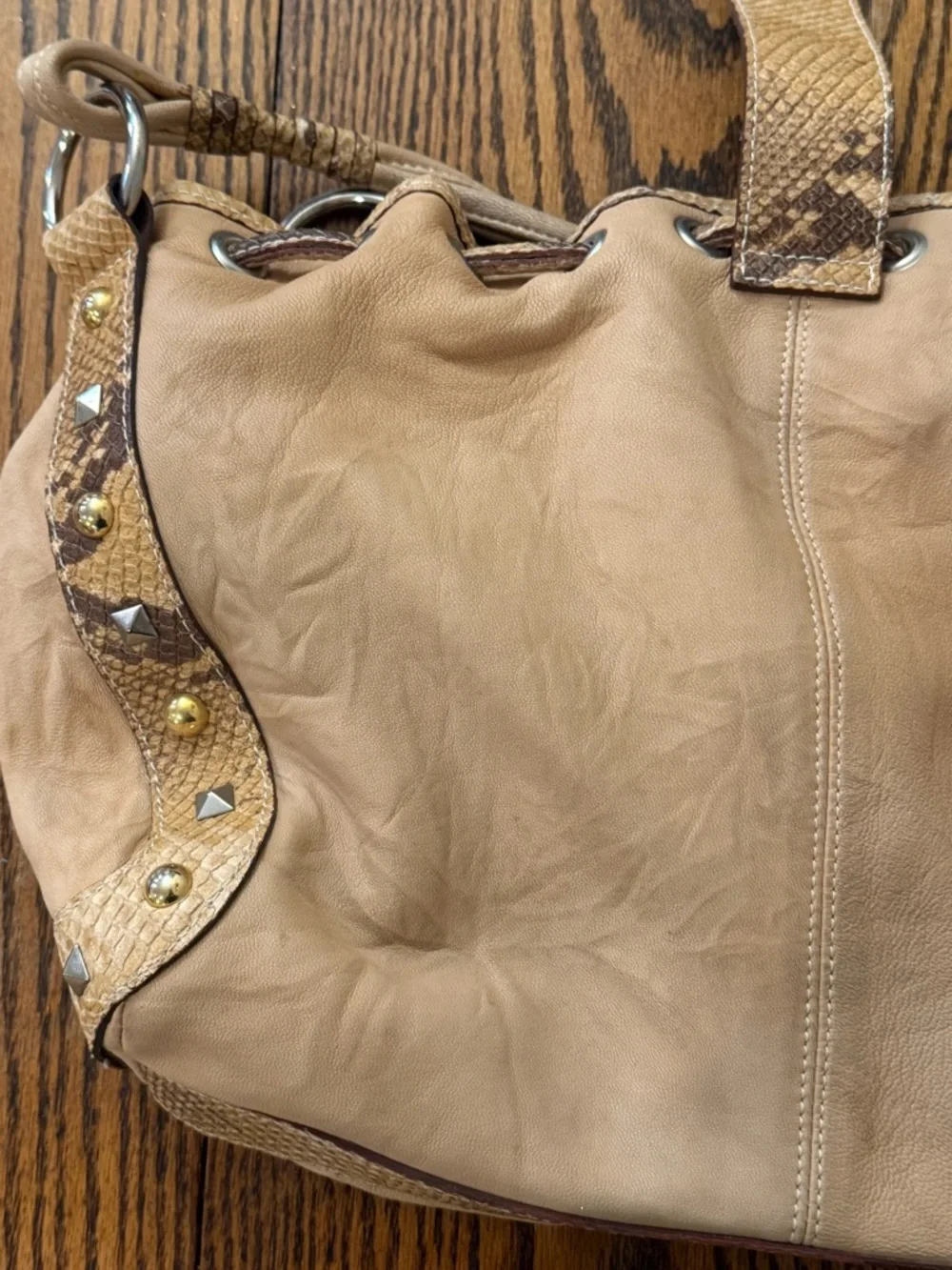 Y2K Tan Leather Python Trim Hobo Bag Mania Italy Silver Ring Gold Stud Boho
